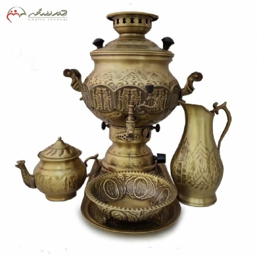 سرویس سماور گازی برنجی کد 113 با طراحی بی نظیر و قلم زنی اعلاء همراه پارچ و قندان، کیفیت عالی دارای گارانتی - هنرظریف