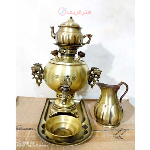 سرویس سماور برنجی ذغالی، 1 لیتری توپی، دسته طرح خروس