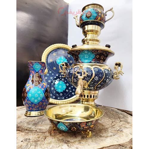 سرویس سماور 4 لیتری زغالی برنجی آینه پیچ پرداز با روکش پلی استر