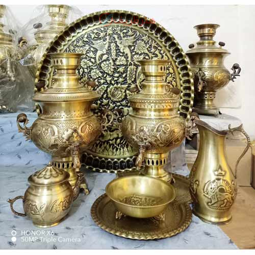 سرویس سماور ذغالی برنجی، 3 و 4 لیتری عدسی، دسته توری