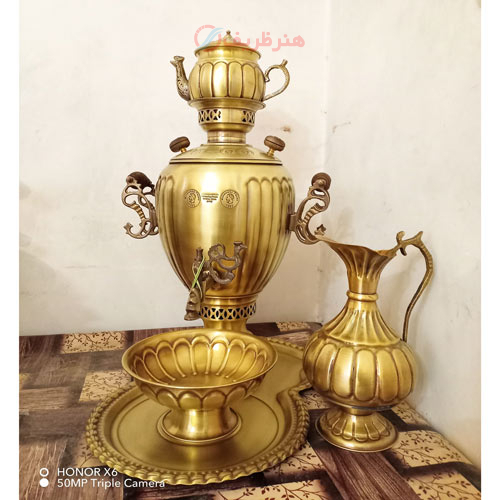 سرویس سماور ذغالی برنجی 5 لیتری، مدل آناناسی آینه ریز، سنگین وزن