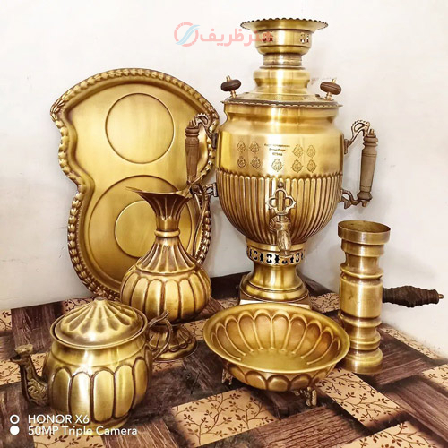 خرید، قیمت و مشخصات ست 6 تیکه سماور ذغالی،6 لیتری، نظر دسته کاپ، طرح آینه ریز سنگین وزن زیبا | هنرظریف