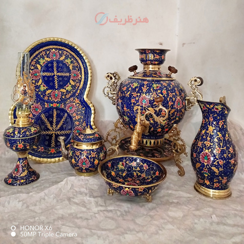 خرید ست 6 پارچه سماور ذغالی کلکسیونی، 6 لیتر طرح روس جهان نما 3 پایه | هنرظریف