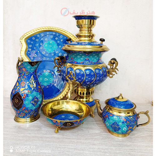 سرویس سماور ذغالی برنجی میناکاری 4 لیتری استکانی ورق ضخیم میناکاری