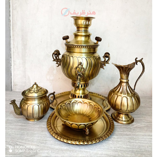 سرویس 5 پارچه سماور ذغالی برنجی 3 لیتری، توپی آینه پیچ ماری