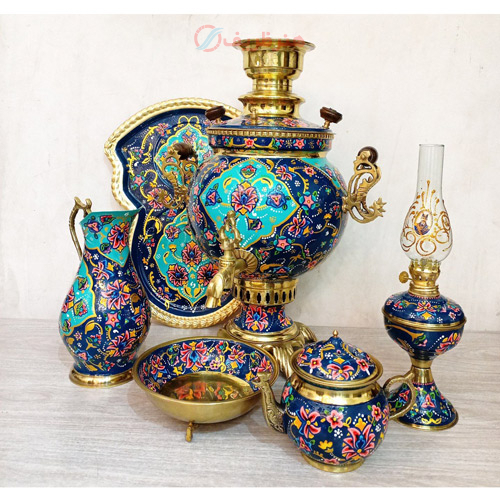 خرید ست 6 پارچه سماور ذغالی، 6 لیتر توپی پایه خرچنگی، میناکاری بسیار زیبا با طراحی جدید | هنرظریف