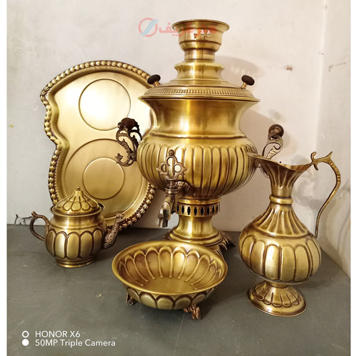 خرید ست 5 پارچه سماور ذغالی، 7 لیتری، استکانی آینه دسته ماری | هنرظریف