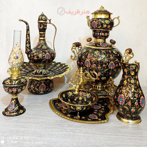 خرید ست 7 پارچه سماور ذغالی، میناکاری تمام نقاشی، ورق ضخیم و سنگین وزن | هنرظریف