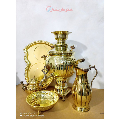 خرید سرویس 5 پارچه سماور ذغالی، 6 لیتر توپی سنگین طرح آینه دسته شاخ و توری | هنرظریف