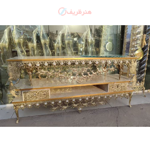 میز تلویزیون برنزی طرح سیمرغ دو کشو مدل تاج دار_ هنرظریف