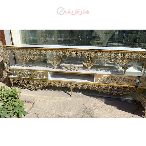 میز تلویزیون برنزی طرح سیمرغ و فرشته دو کشو_ هنرظریف