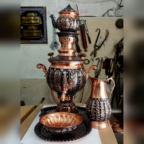 سماور ۴ لیتری مسی با سرویس پخدار مدل الماس تراش نانو