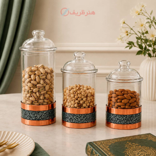 بانکه فیروزه کوبی پرنسا با ظرف شیشه‌ای و فیروزه اصل نیشابور