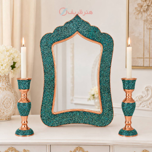 آینه و شمعدان فیروزه کوبی پرنسا ۵۰ و ۲۵ سانتی