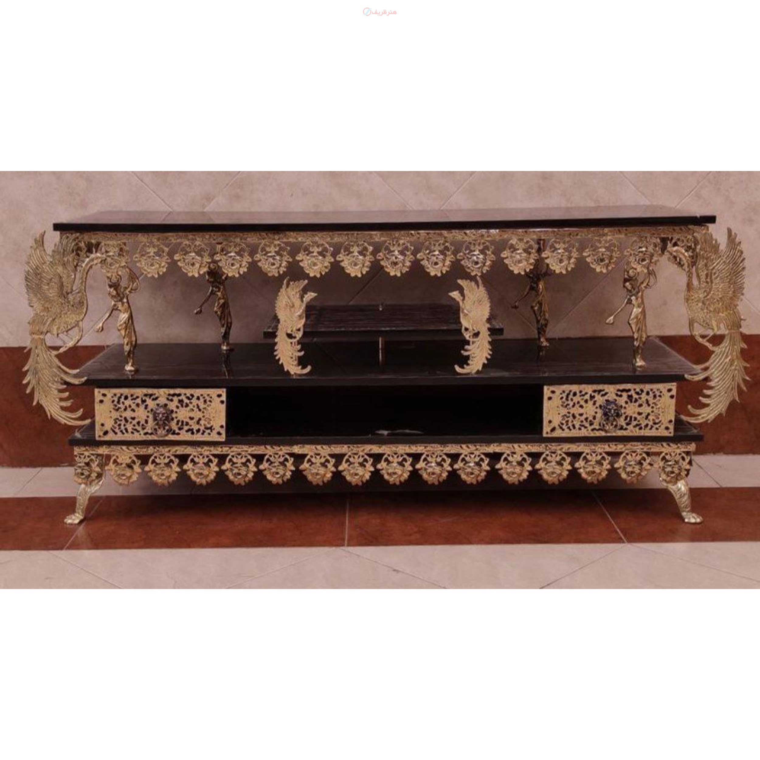 خرید میز تلویزیون سه طبقه طاووس دار دارای دو کشو با طراحی بسار زیبا| هنرظریف