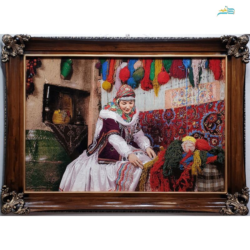 نمای کامل از تابلو فرش با قاب چوبی، نمایش طرح، رنگ‌ها و زیبایی کلی اثر.