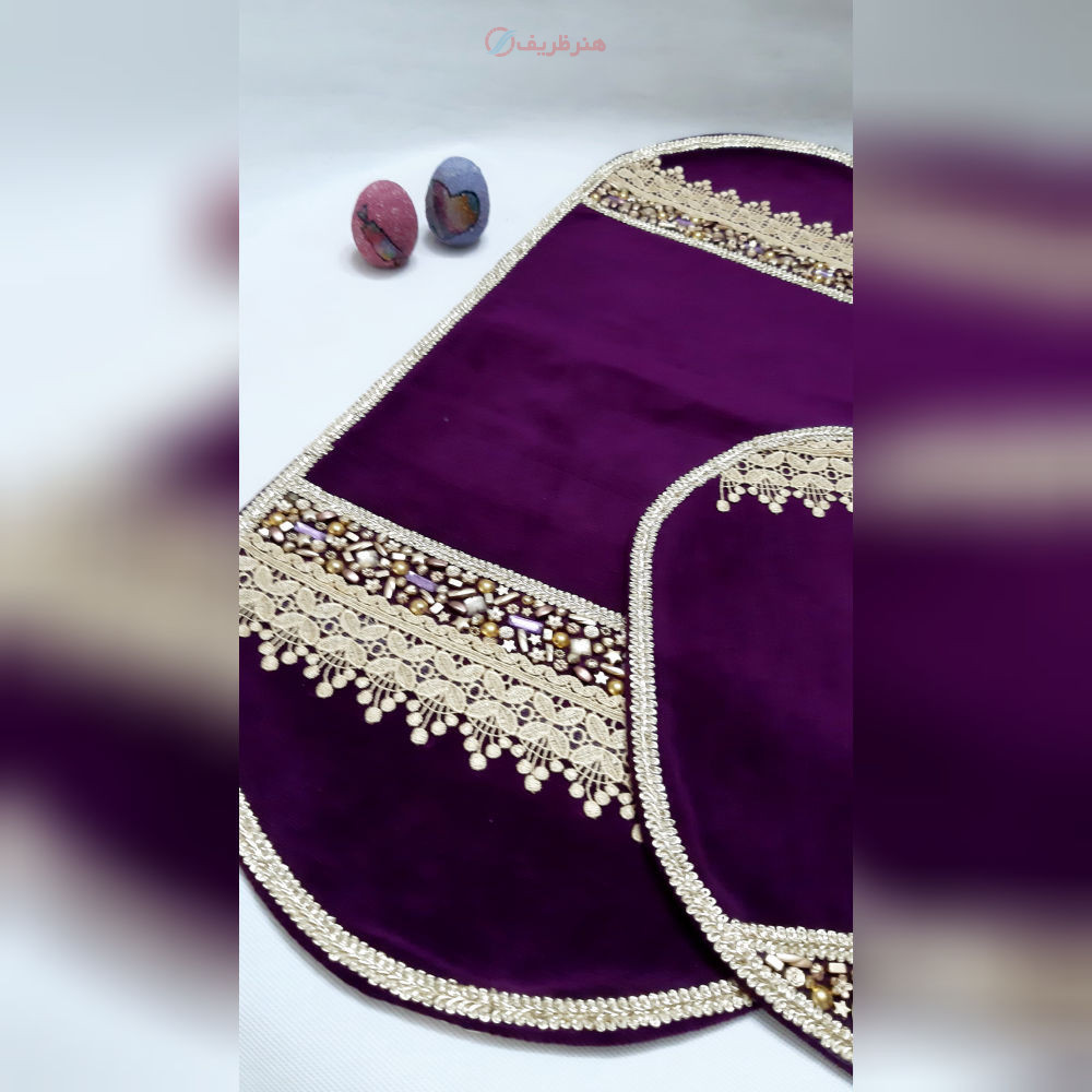 ست سه تکه رومیزی مخمل سنگ دوزی بنفش جلو مبلی و دو عسلی
