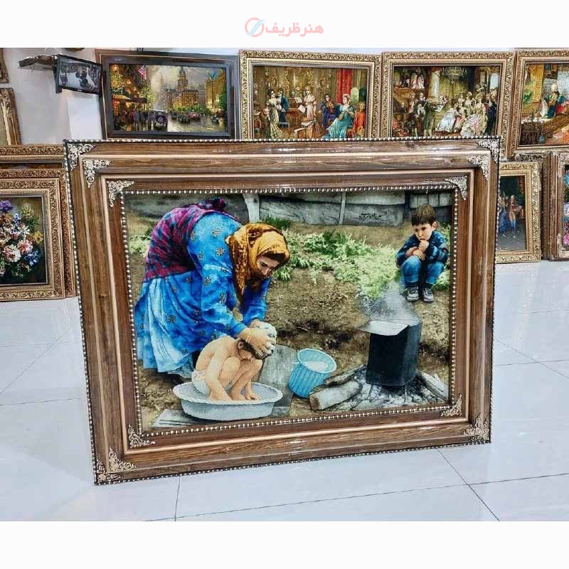 تابلو فرش دستبافت تبریز طرح حمام عشایر، چله ابریشم و رج 50، مارکدار، رنگ طبیعی و درجه 1