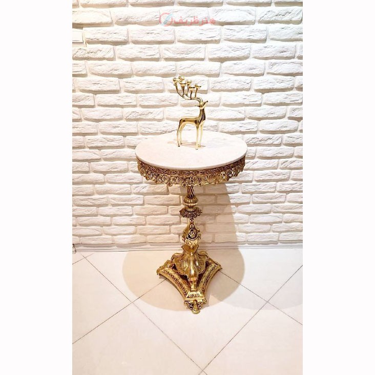 میز تلفن پایه دوبل، قطر 40، جنس آلیاژ آلومینیوم، آبکاری برنز رنگ ثابت - هنرظریف