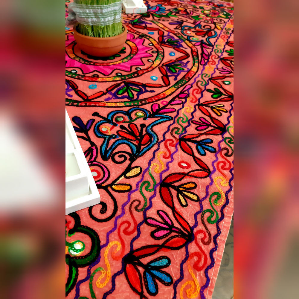نمای ماکرو از کوکها و بخیههای ریز سوزندوزی بلوچ برای نمایش ظرافت و کیفیت کار.