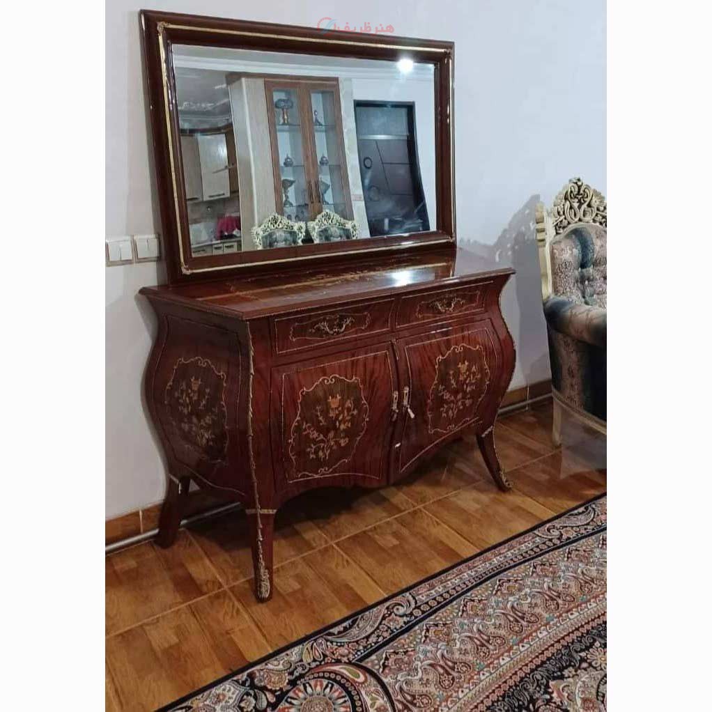 آینه کنسول خمره ای دو در، چوب روس، روکش کاواز، معرقکاری شده
