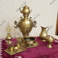خرید، قیمت و مشخصات سرویس سماور برنجی 5 لیتری مدل آناناسی، ورق با کیفیت بسیار بالا | هنرظریف