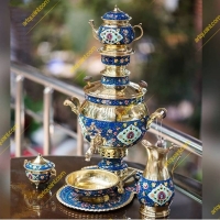 خرید سرویس سماور زغالی برنجی تذهیب کاری تماماً کار دست | هنرظریف