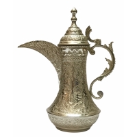 خرید قهوه جوش برنجی قلمزنی گل و مرغ برجسته آبکاری نقره ۳۳ سانتی | هنرظریف