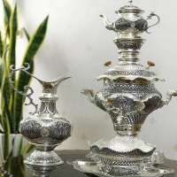 خرید سرویس سماور ۵ لیتری برنجی قلمزنی آبکاری نقره کوره ای | هنرظریف