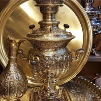 خرید سرویس سماور زغالی برنجی خورشیدی ۷ لیتری قلم استاد | هنرظریف