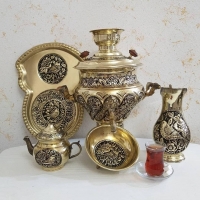 خرید سرویس سماور زغالی برنجی ۶ لیتری طرح گل و مرغ لبه ریخته | هنرظریف