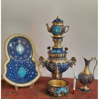 خرید سرویس سماور ۳ لیتری برنجی نقاشی دست مدل عدسی دسته توری | هنرظریف