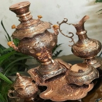 خرید سرویس سماور ذغالی مسی روکش کوره‌ای نیکل داخل دست‌ساز | هنرظریف