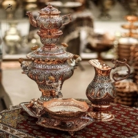 خرید سرویس سماور مسی ۳ لیتری قلمزنی ریزه آبکاری مس و نقره | هنرظریف