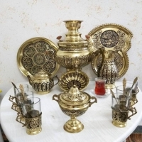 خرید سرویس سماور قلمزنی برنجی ۶ لیتری طرح آینه دسته شاخ اسلیمی | هنرظریف