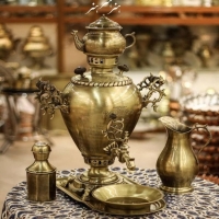 خرید سرویس سماور زغالی برنجی ۴ لیتری آنتیک شده با پوشش نانو | هنرظریف