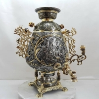خرید و قیمت سماور برنجی زغالی ۸ لیتری مدل جام سیاه قلم، نقش شکارگاه، اسلیمی، گل مرغ و بزم - هنرظریف