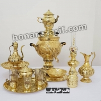 خرید و قیمت - سرویس سماور زغالی برنجی طلایی 6 لیتری بهمراه جایخوری و آفتابه لگن - هنرظریف