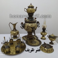 خرید و قیمت سرویس سماور برنجی 6 لیتری دکوری طرح سیمرغ 14 تکه - هنرظریف
