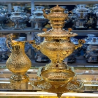 خرید، قیمت و مشخصات سماور برقی برنجی 6 لیتری مدل هندوانه ای، آبکاری طلا 24 عیار با قلم دست استاد اعلاء | هنرظریف