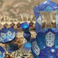 خرید آنلاین، هفت سین مسی، مینا کاری شده لعاب دار، پخته شده در کوره، رنگ زیبای آبی، زیر قیمت بازار | هنرظریف