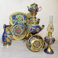 خرید، قیمت و مشخصات سرویس 6 پارچه سماور ذغالی برنجی میناکاری بسیار زیبا، تمام نقاشی با گارانتی تعویض _ هنرظریف