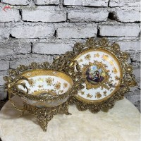 خرید آنلاین، کاسه بشقاب شکیل و زیبای دسته گندمی برنزی با صفحه طرح دار سفید رنگ، کیفیت عالی، زیر قیمت بازار | هنرظریف
