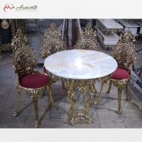 خرید آنللاین، میز ناهار خوری 4 نفره برنزی، صفحه سنگ سفید با پارچه اعلاء صندلی با ضمانت، زیر قیمت بازار | هنرظریف