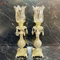خرید آنلاین، شمعدان برنزی دایکاست طرح فرشته و لاله های شیشه ای دارای آویز الماسی، دو تیکه، با قیمت مناسب | هنرظریف