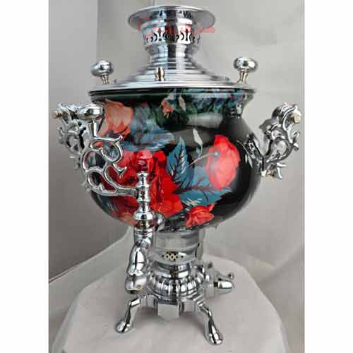 خرید، قیمت و مشخصات سماور گازی برنجی ۶ لیتری نقره ای و گلدار بر زمینه مشکی ارزان و با کیفیت _ هنرظریف